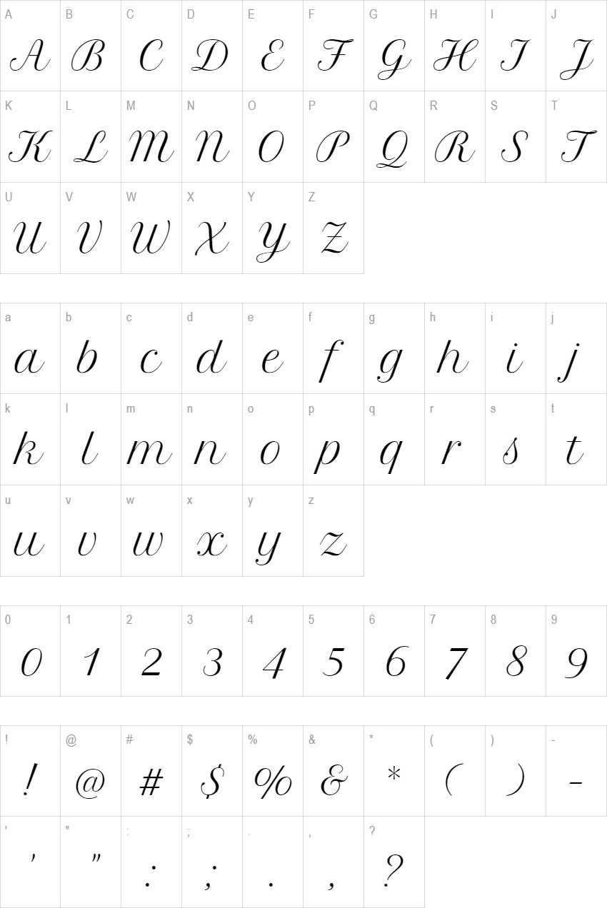 Petit Formal Script glyph set
